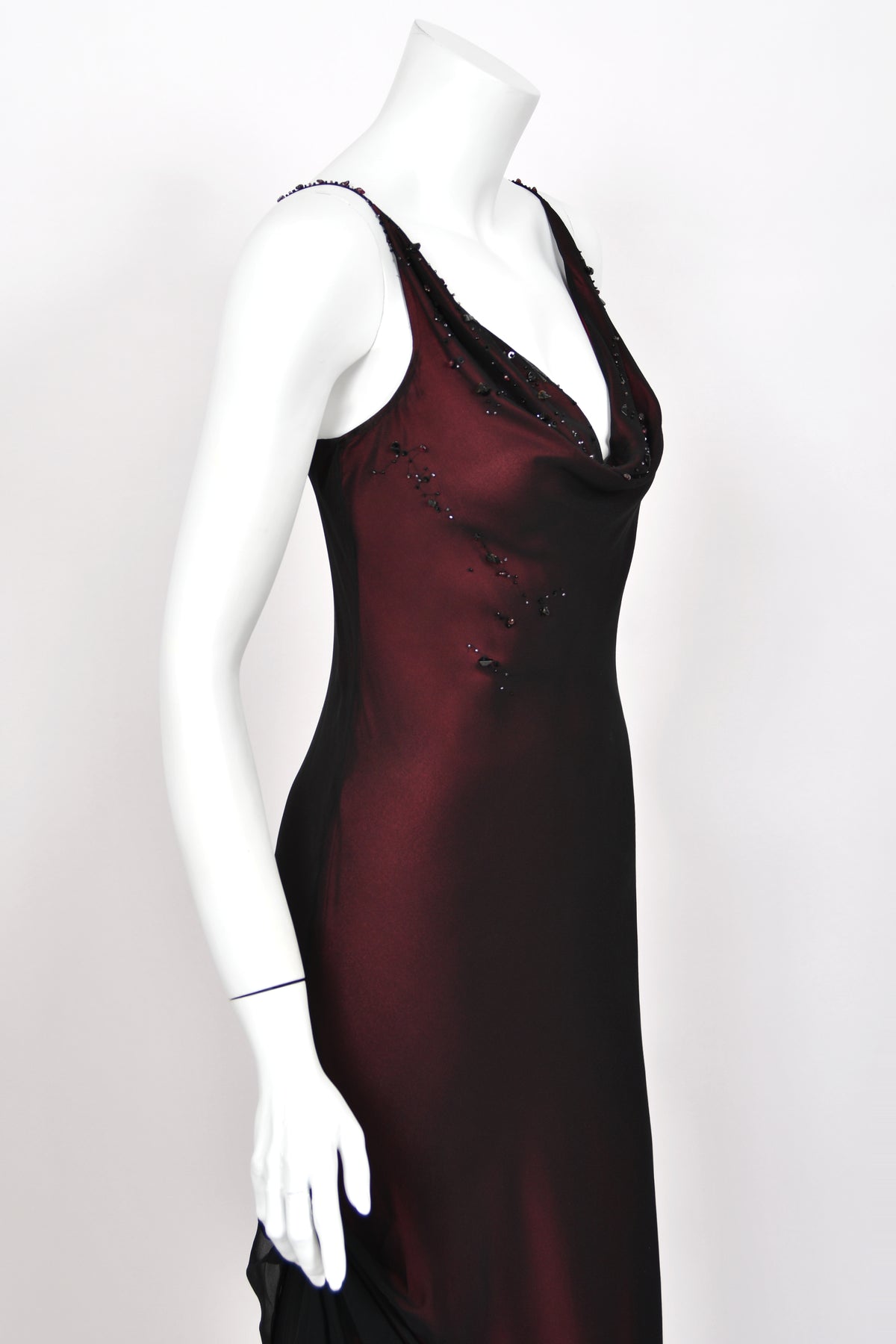 2000 John Galliano Beaded Black Sheer Silk Chiffon & Red Satin Draped Bias-Cut Gown