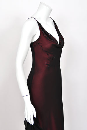 2000 John Galliano Beaded Black Sheer Silk Chiffon & Red Satin Draped Bias-Cut Gown