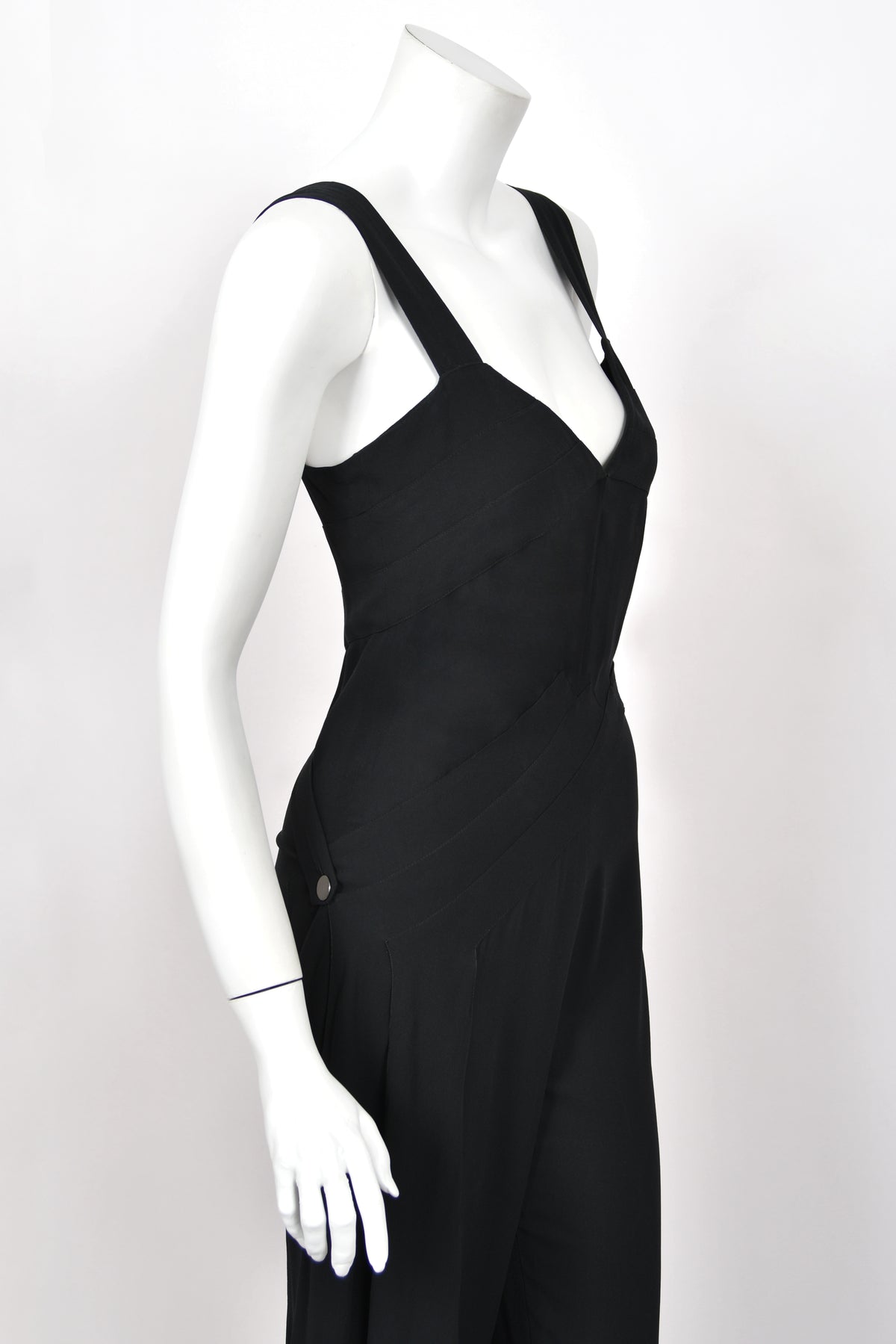 1999 Chanel by Karl Lagerfeld Runway Black Crepe Low-Plunge Draped Sash Jumpsuit