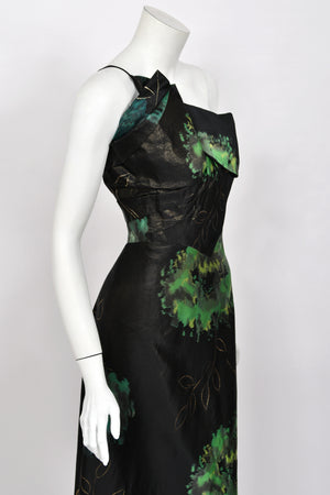 1950 Irene Lentz Couture Metallic Green & Black Floral Silk Sculpted Bustier High-Low Gown