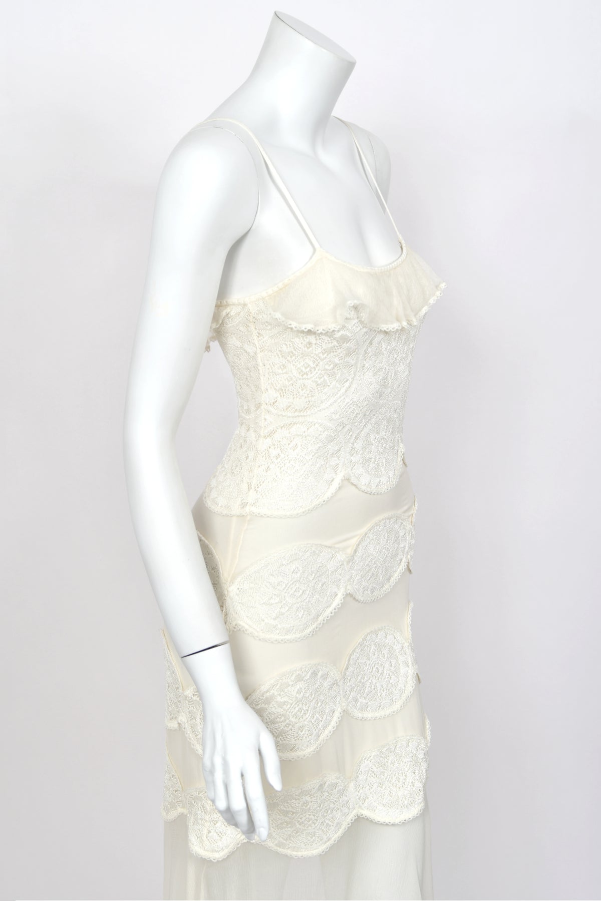 2005 Christian Dior by John Galliano Ivory Knit Appliqué Sheer Silk Fitted Slip Dress