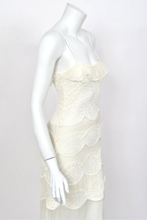 2005 Christian Dior by John Galliano Ivory Knit Appliqué Sheer Silk Fitted Slip Dress