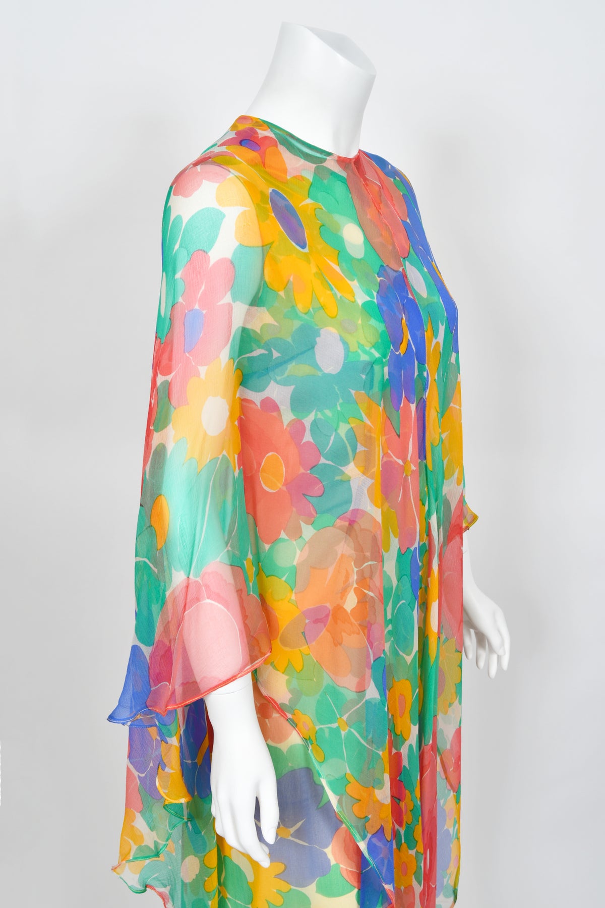 1967 Givenchy Haute Couture Colorful Floral Sheer Silk Draped Caftan Maxi Dress