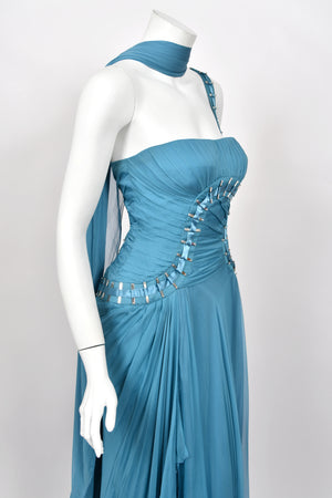 2009 Versace Runway Embellished Blue Silk Chiffon One-Shoulder High Low Gown