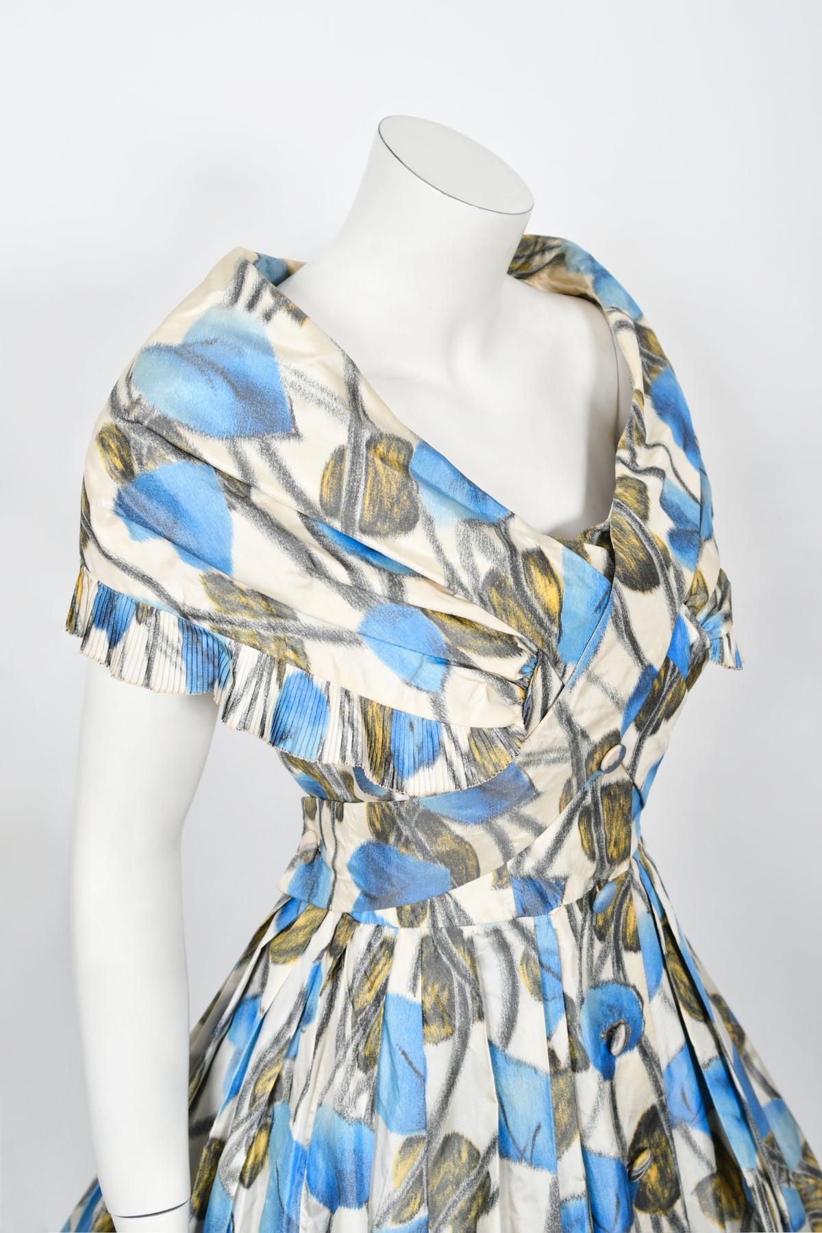 1956 Christian Dior Couture Blue Floral Silk Portrait Collar New Look Dress