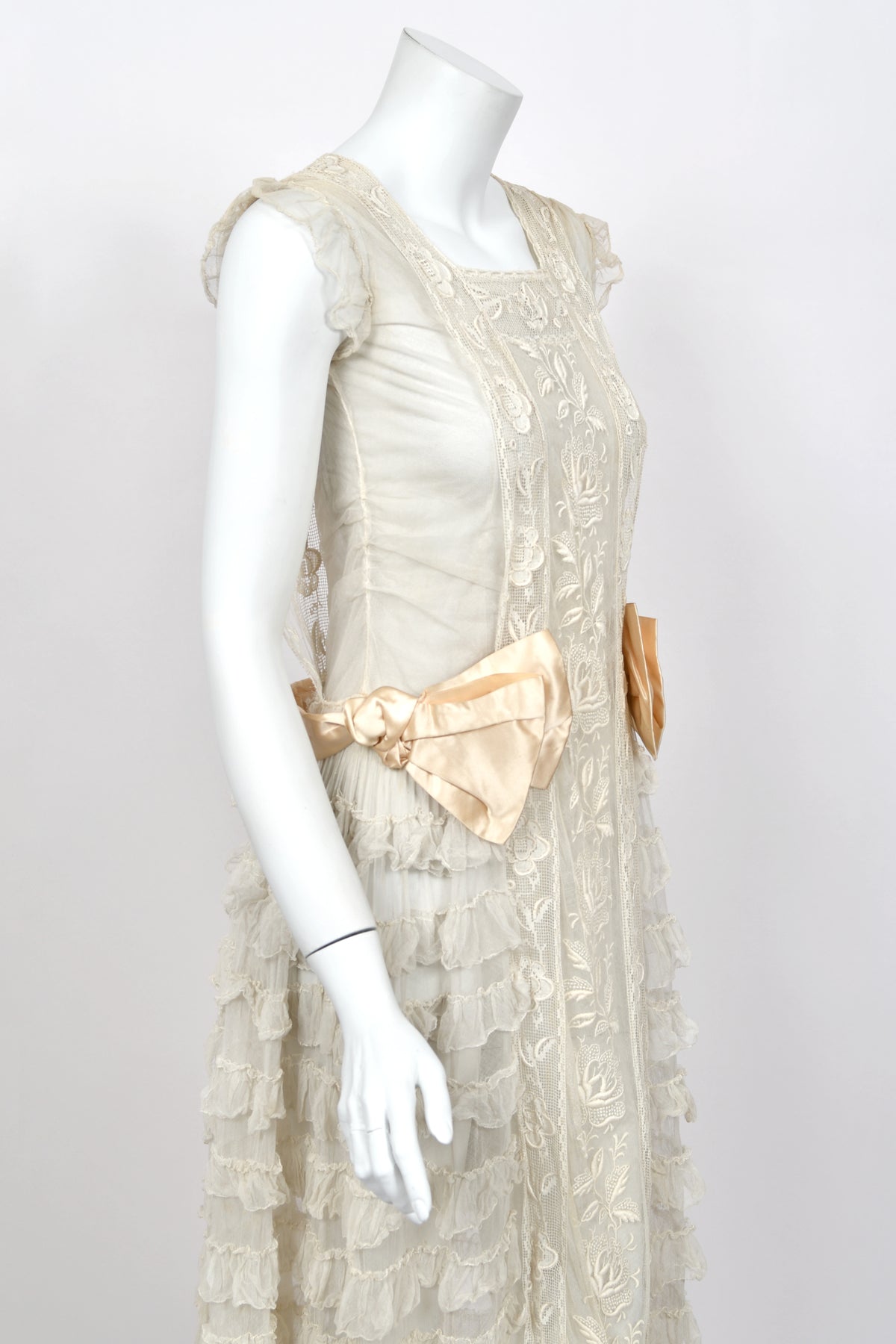 1920's Sheer Ivory Embroidered Floral Motif Net-Tulle Tiered Ruffle 'Robe de Style' Dress