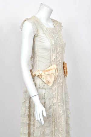 1920's Sheer Ivory Embroidered Floral Motif Net-Tulle Tiered Ruffle 'Robe de Style' Dress