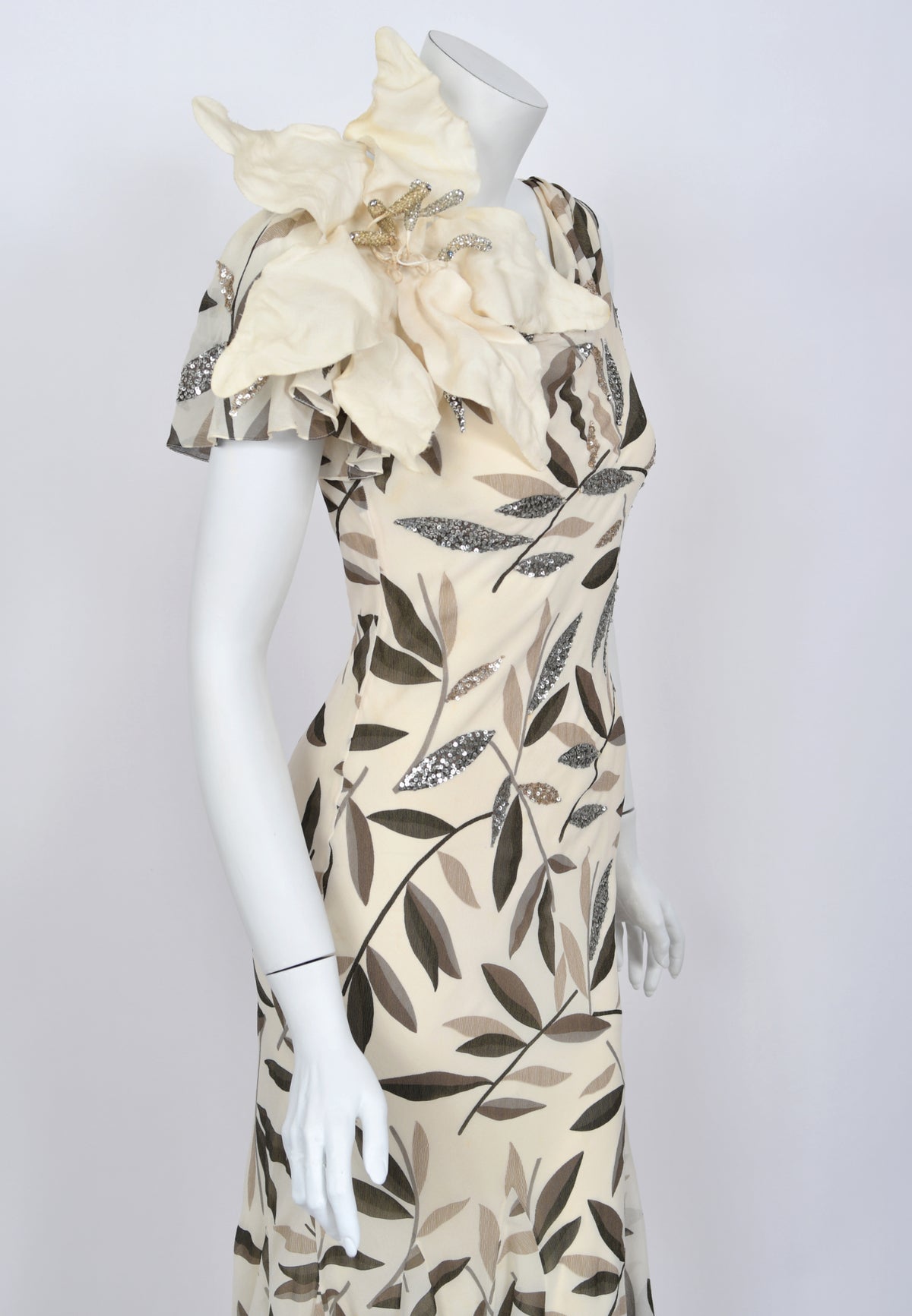 2008 Christian Dior by John Galliano Leaf Motif Sequin Silk Appliqué Bias-Cut Dress