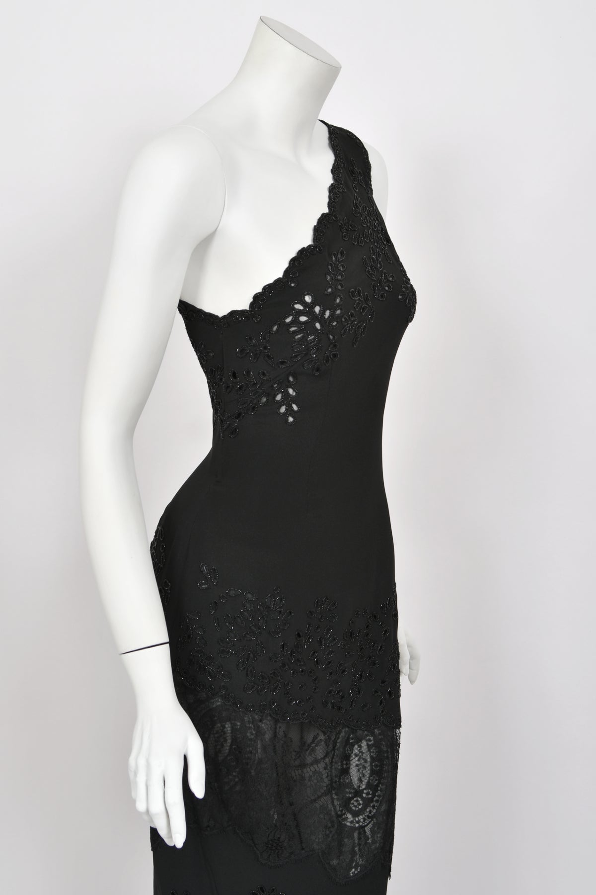 1998 Valentino Runway Black Beaded Cut-Out Silk &amp; Sheer Lace Bias-Cut Gown