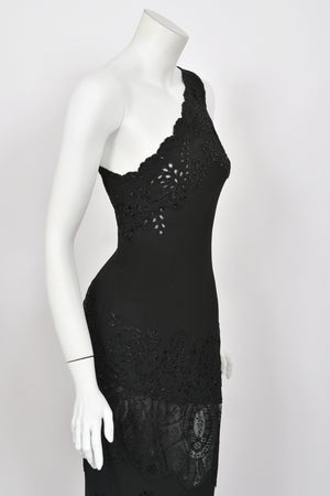 1998 Valentino Runway Black Beaded Cut-Out Silk & Sheer Lace Bias-Cut Gown
