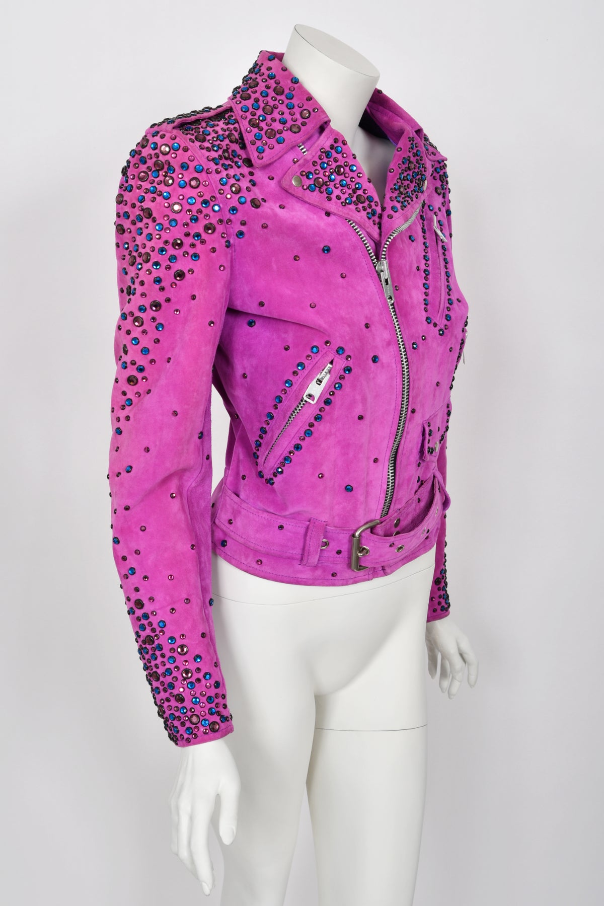 1990 Bob Mackie for Cher Signed Studded Fuchsia Suede Motorcycle Jacket & Boots