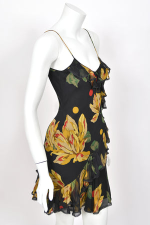 2004 John Galliano Large Scale Deco Floral Chiffon & Lace Bias-Cut Slip Dress