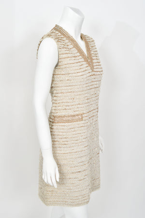 1965 Valentino Haute Couture Museum-Held Beaded Lamé Ivory Lace Mod Shift Dress