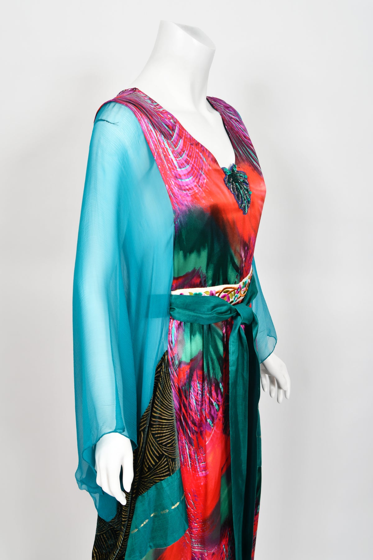 1970 Thea Porter Couture Colorful Patchwork Sheer Silk Bohemian Abaya Caftan