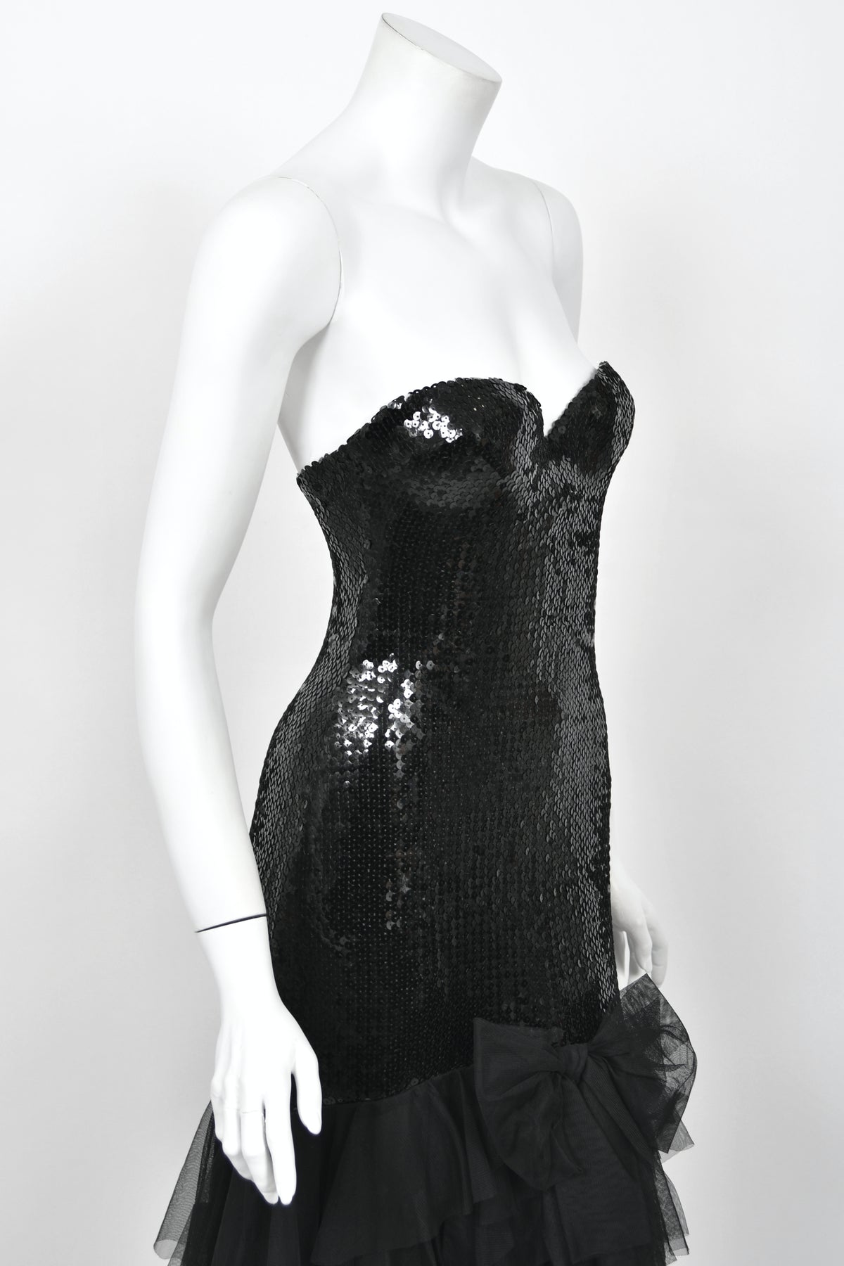 1978 Loris Azzaro Couture Black Sequin Strapless Tiered-Ruffle Gown & Sheer Capelet
