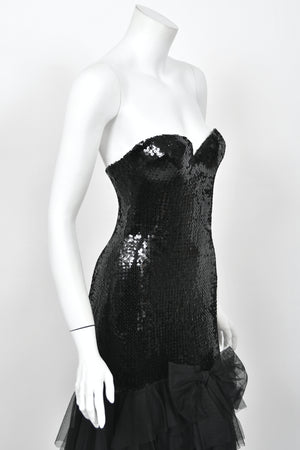 1978 Loris Azzaro Couture Black Sequin Strapless Tiered-Ruffle Gown & Sheer Capelet