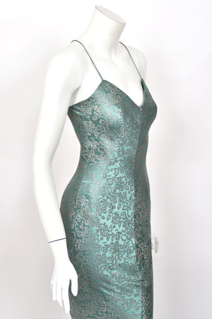 1999 Christian Dior by John Galliano Metallic Teal Blue Lamé Silk Bias-Cut Slip Gown