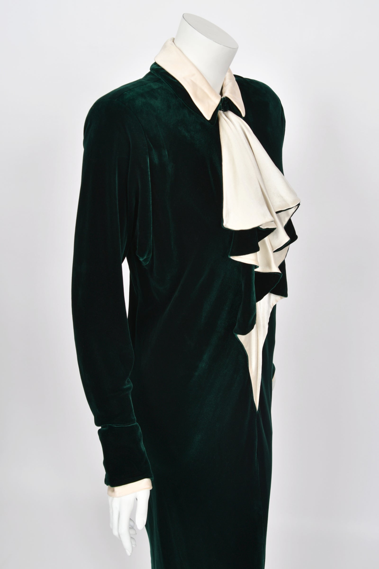 1978 Halston Couture Dark Green Velvet & Ivory Silk Ruffle Gown - Timeless Vixen 1978 Halston Couture Dark Green Velvet & Ivory Silk Ruffle Gown - Timeless Vixen