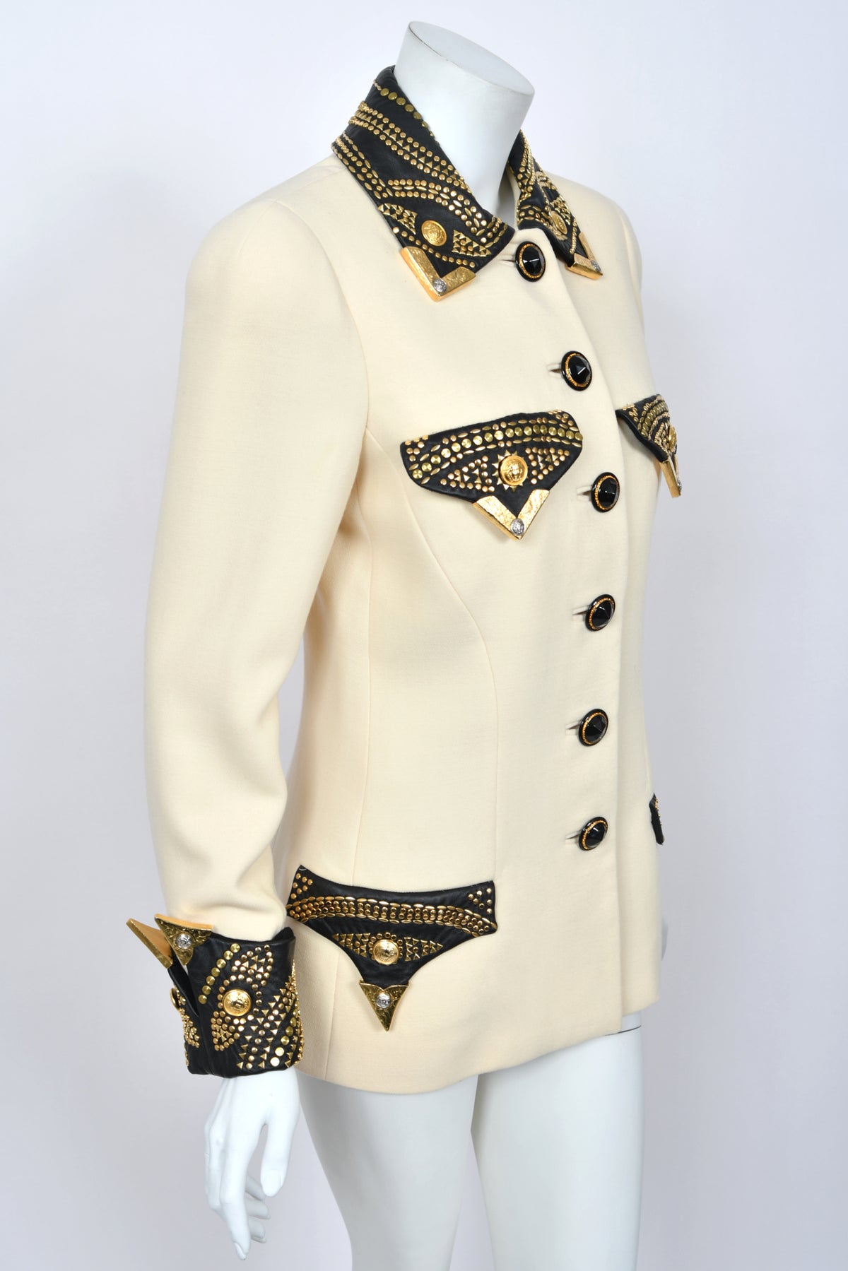 1992 Gianni Versace 'Miss S & M' Runway Collection Ivory Wool Studded Leather Editorial Jacket