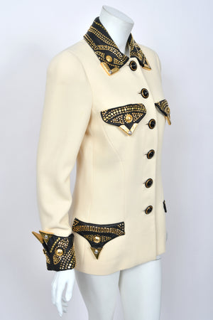 1992 Gianni Versace 'Miss S & M' Runway Collection Ivory Wool Studded Leather Editorial Jacket