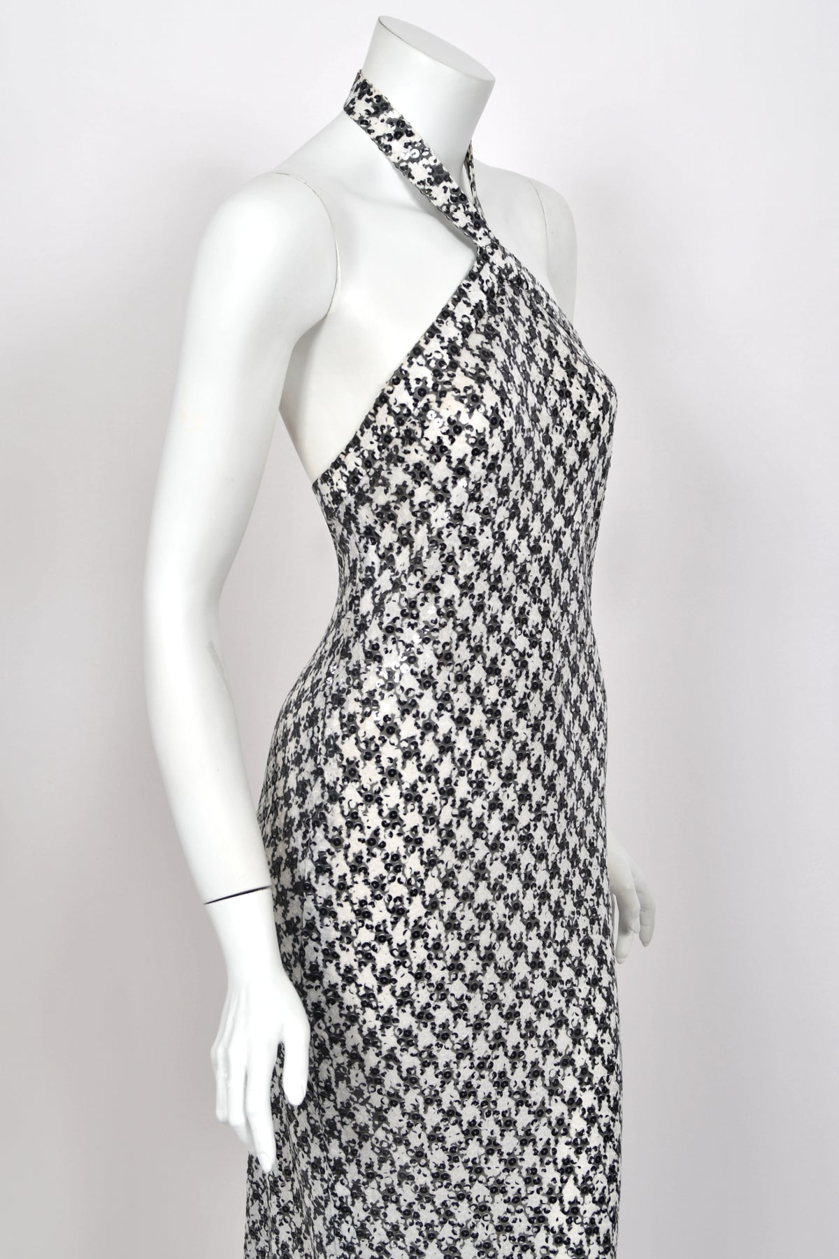 1984 Chanel by Karl Lagerfeld Black & White Sequin Houndstooth Silk Bias-Cut Halter Gown