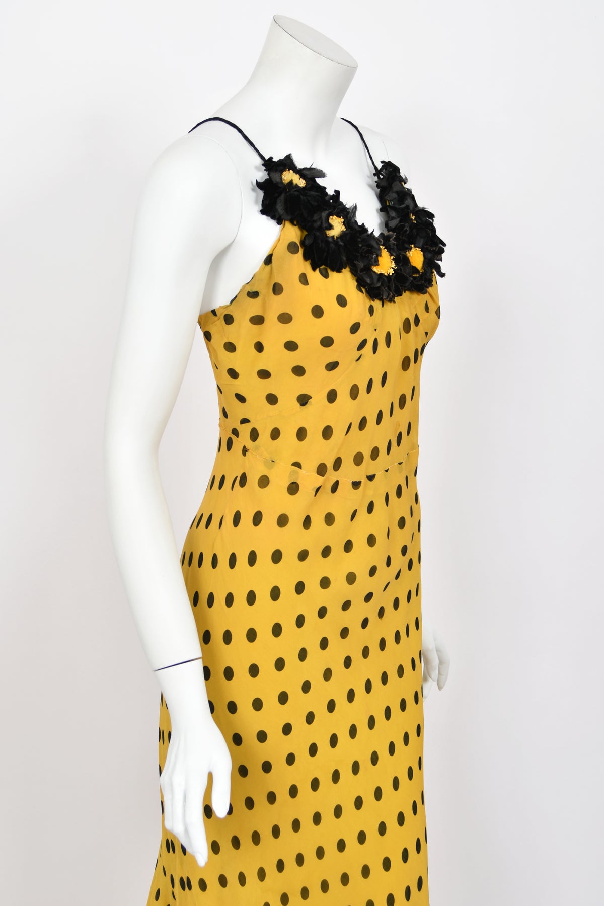1930&#39;s Germaine Monteil Couture Polka Dot Silk Appliqué Bias-Cut Gown w/ Capelet