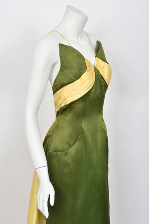 1950's Anne Verdi Green & Yellow Silk Winged-Bust Hourglass Trained Gown