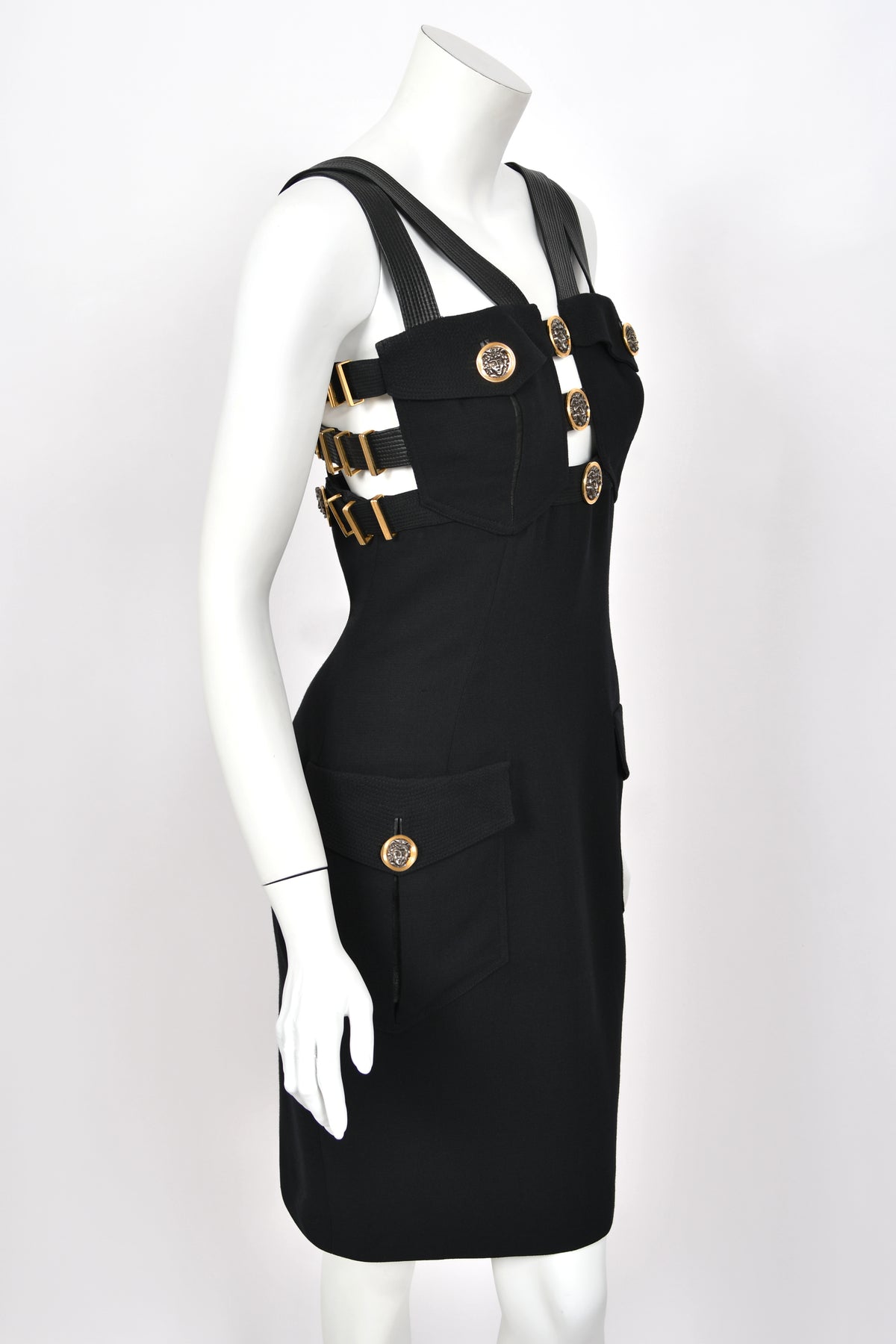 1992 Gianni Versace 'Miss S&M' Runway Collection Black Leather Bondage Wool Dress