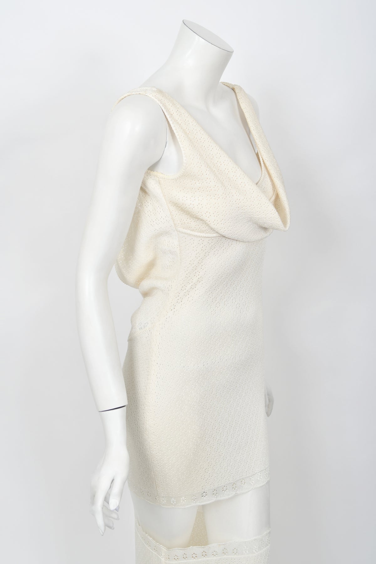 1998 John Galliano Documented Runway Ivory Stretch Knit Sheer Bias-Cut Backless Gown