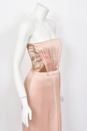 2012 John Galliano Blush Pink Silk Beaded Bustier Strapless Pleated-Side Gown