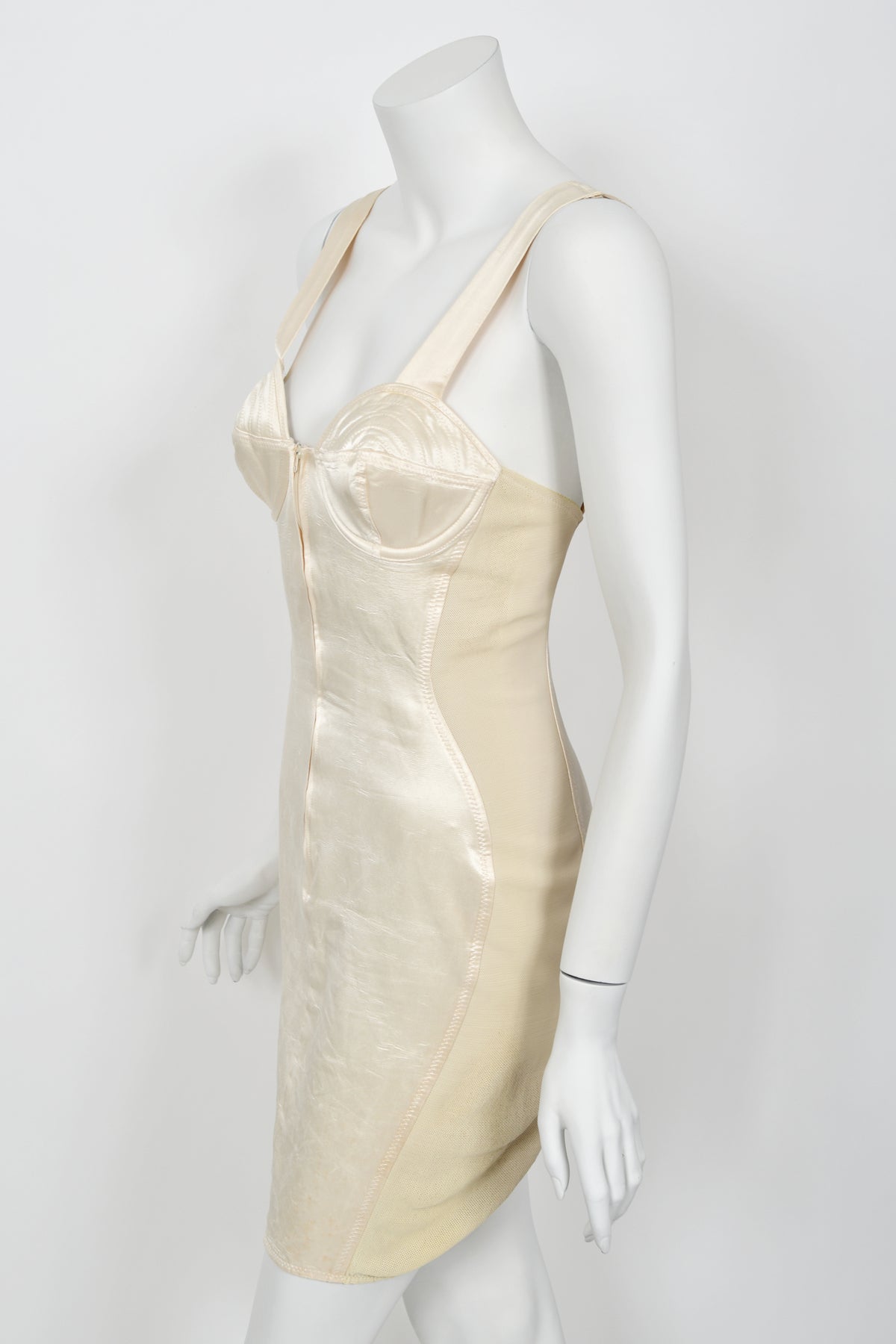 1988 Jean Paul Gaultier Cream Stretch Satin Cone Bra Bustier Corset Mini Dress