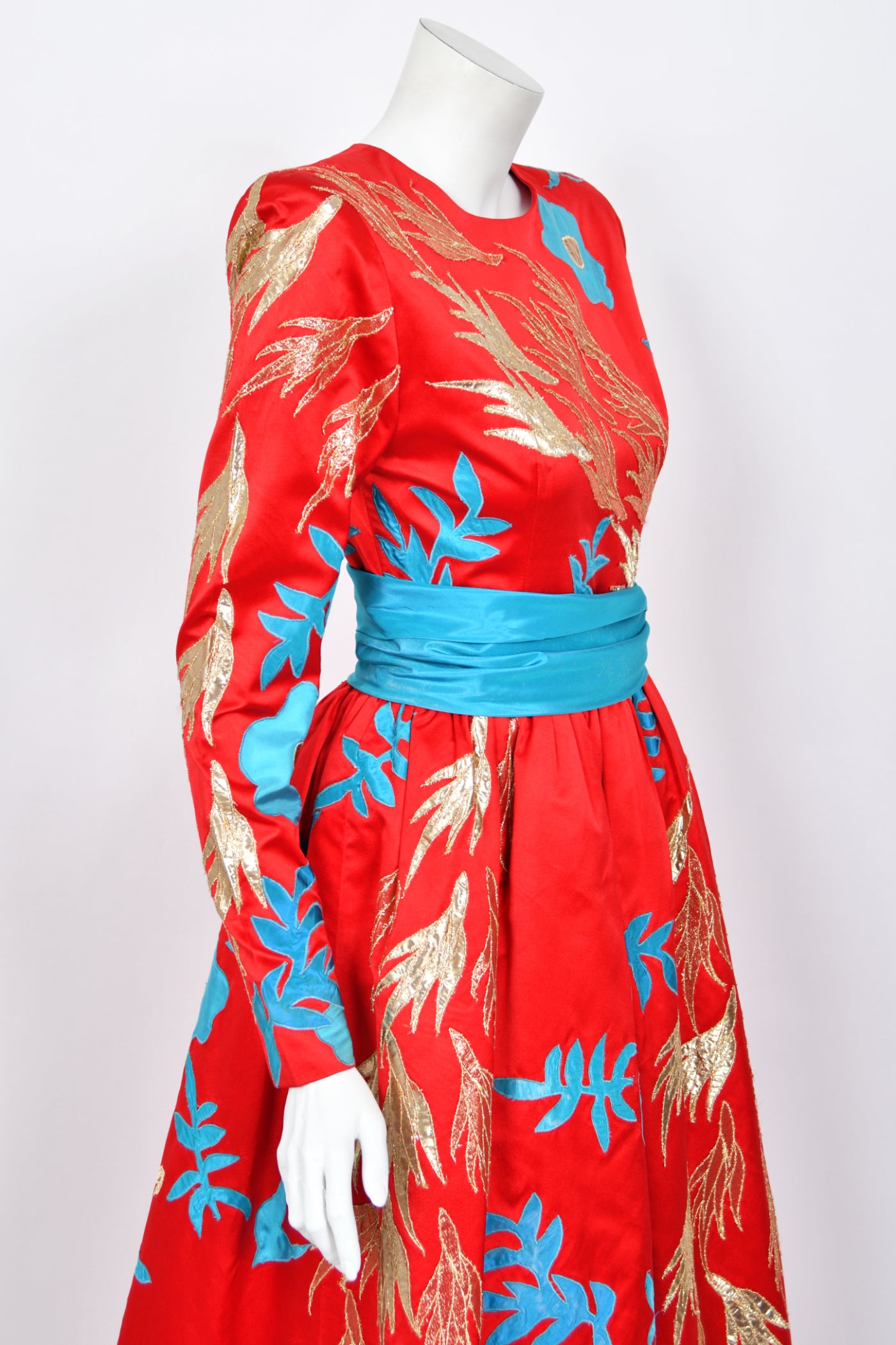 1985 Givenchy Haute Couture Metallic Appliqud Red Silk Satin Sash-Wai - Timeless Vixen 1985 Givenchy Haute Couture Metallic Appliqud Red Silk Satin Sash-Wai - Timeless Vixen
