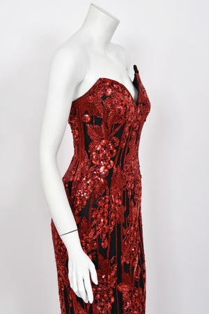 1990 Bob Mackie Red Grapevines Beaded Sequin Silk Strapless Hourglass Slit Gown