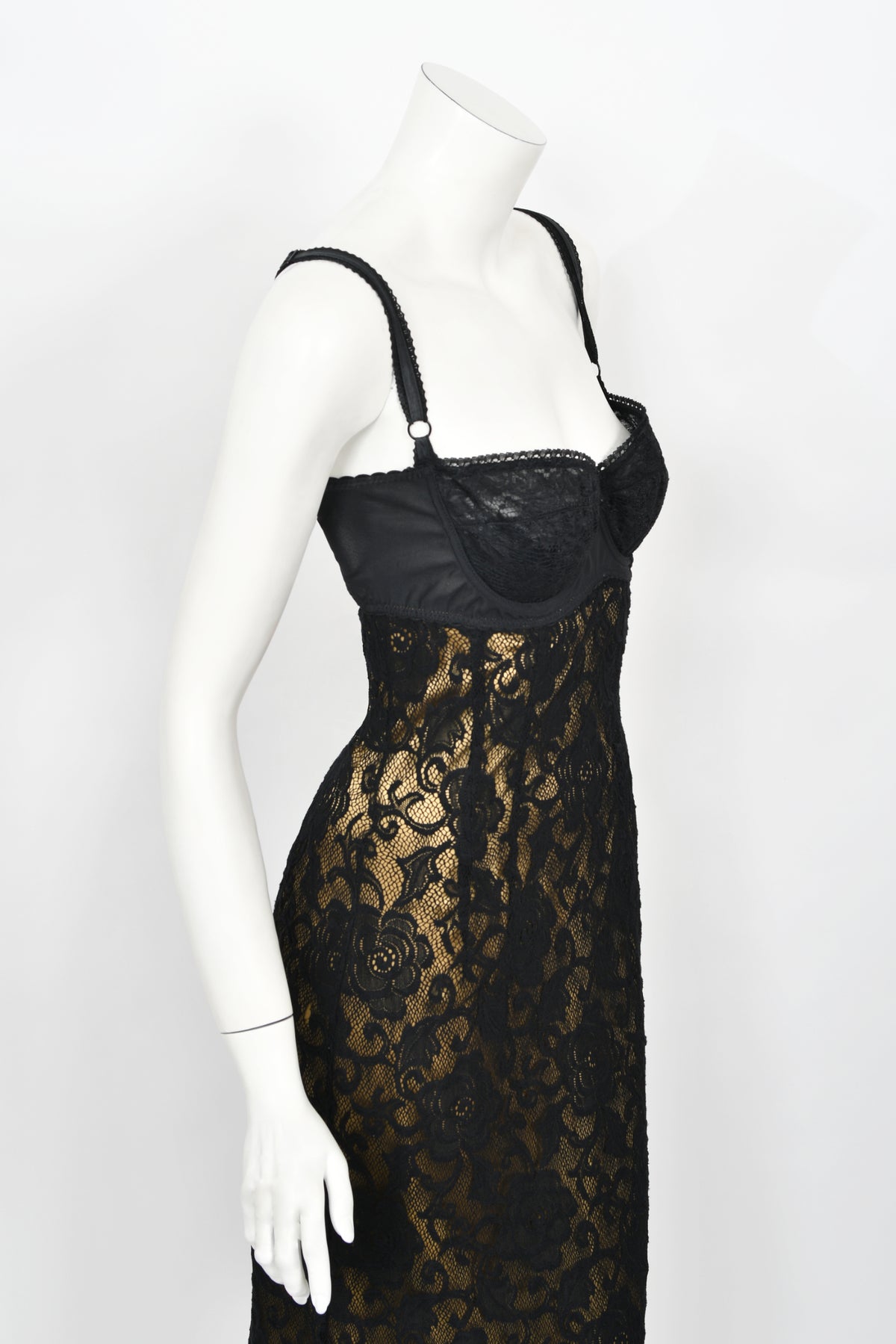 1997 Dolce &amp; Gabbana Sheer Black Stretch Lace Built-In Bra Slip Gown