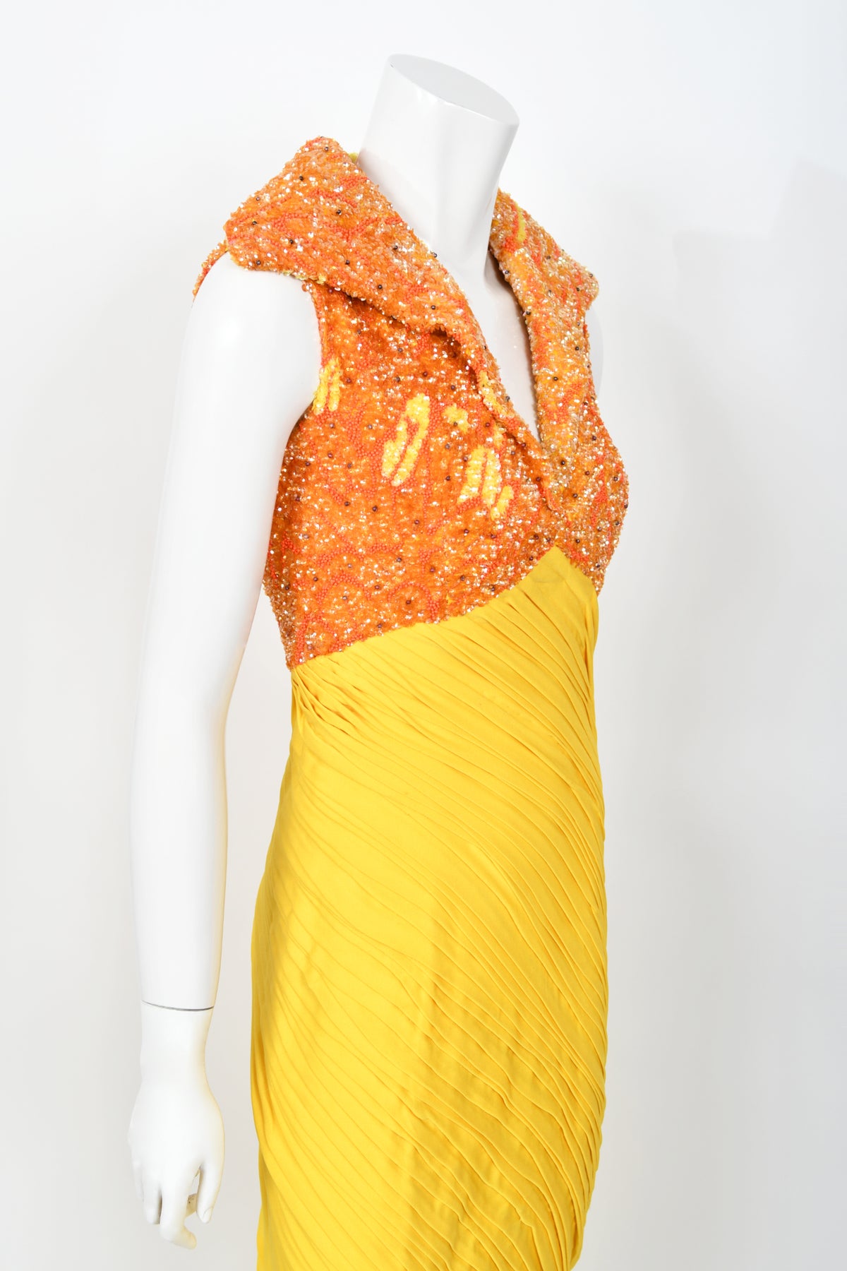 1968 La Mendola Heavily Pleated Yellow Silk-Jersey Beaded Glamour Gown