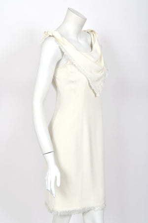 1998 Christian Dior by John Galliano Resort Collection Ivory White Crepe Fringed-Bib Dress