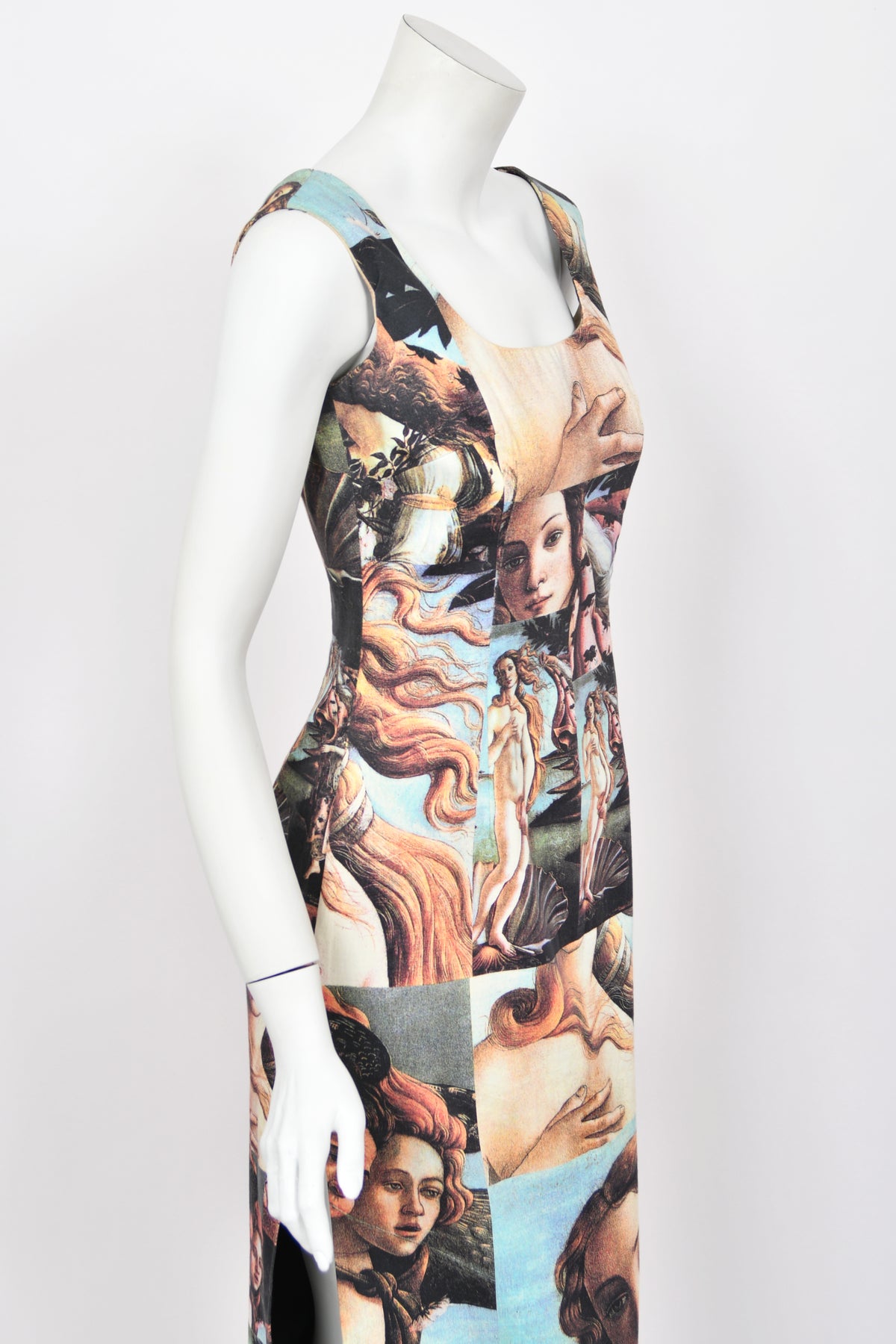 1993 Dolce &amp; Gabbana Iconic Runway &#39;Birth of Venus&#39; Collage Print High-Slit Hourglass Dress