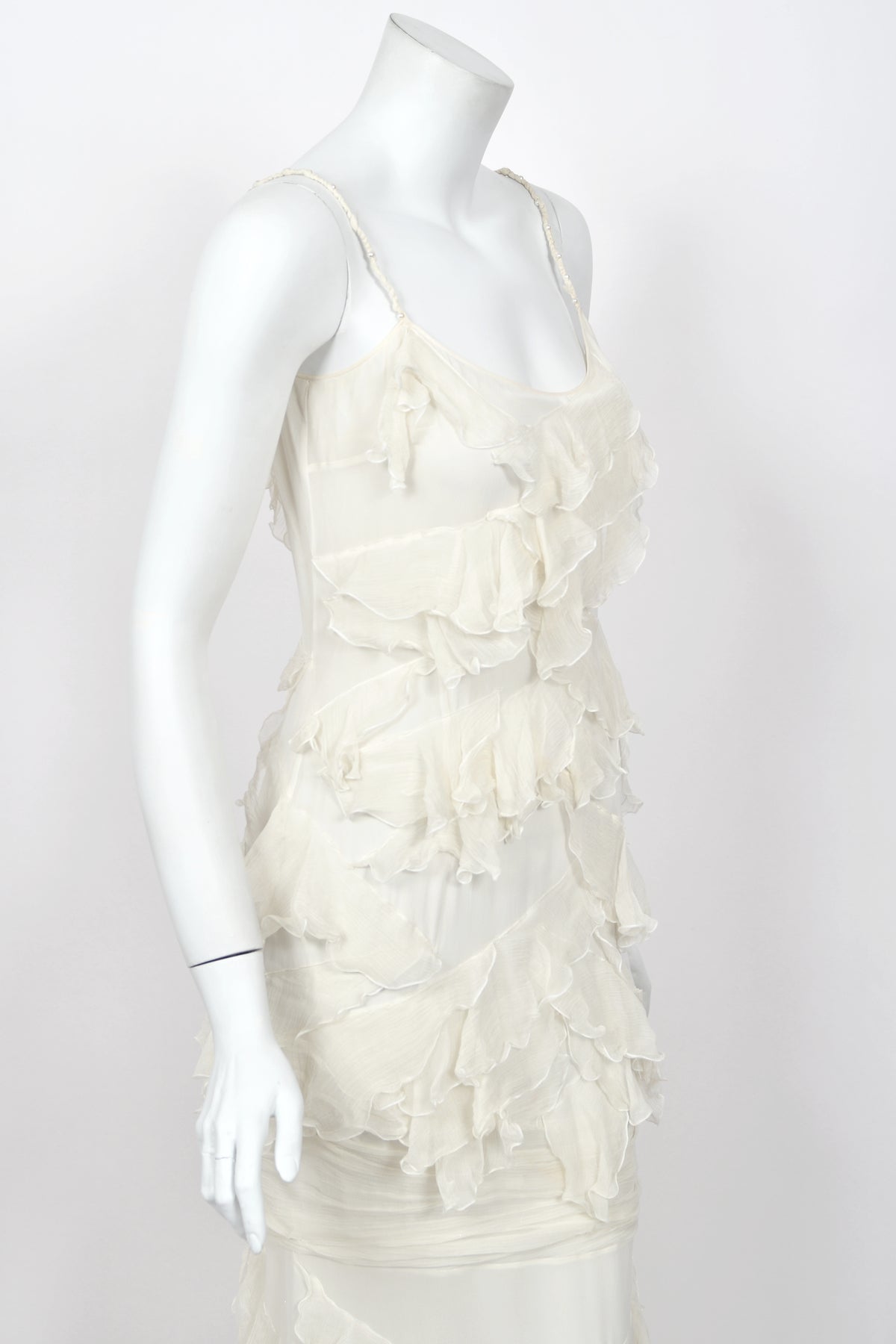 2006 John Galliano Ivory Tiered Ruffle Sheer Silk Chiffon Pearl Straps Bias-Cut Slip Gown