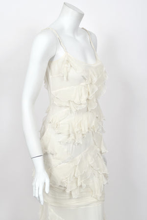 2006 John Galliano Ivory Tiered Ruffle Sheer Silk Chiffon Pearl Straps Bias-Cut Slip Gown