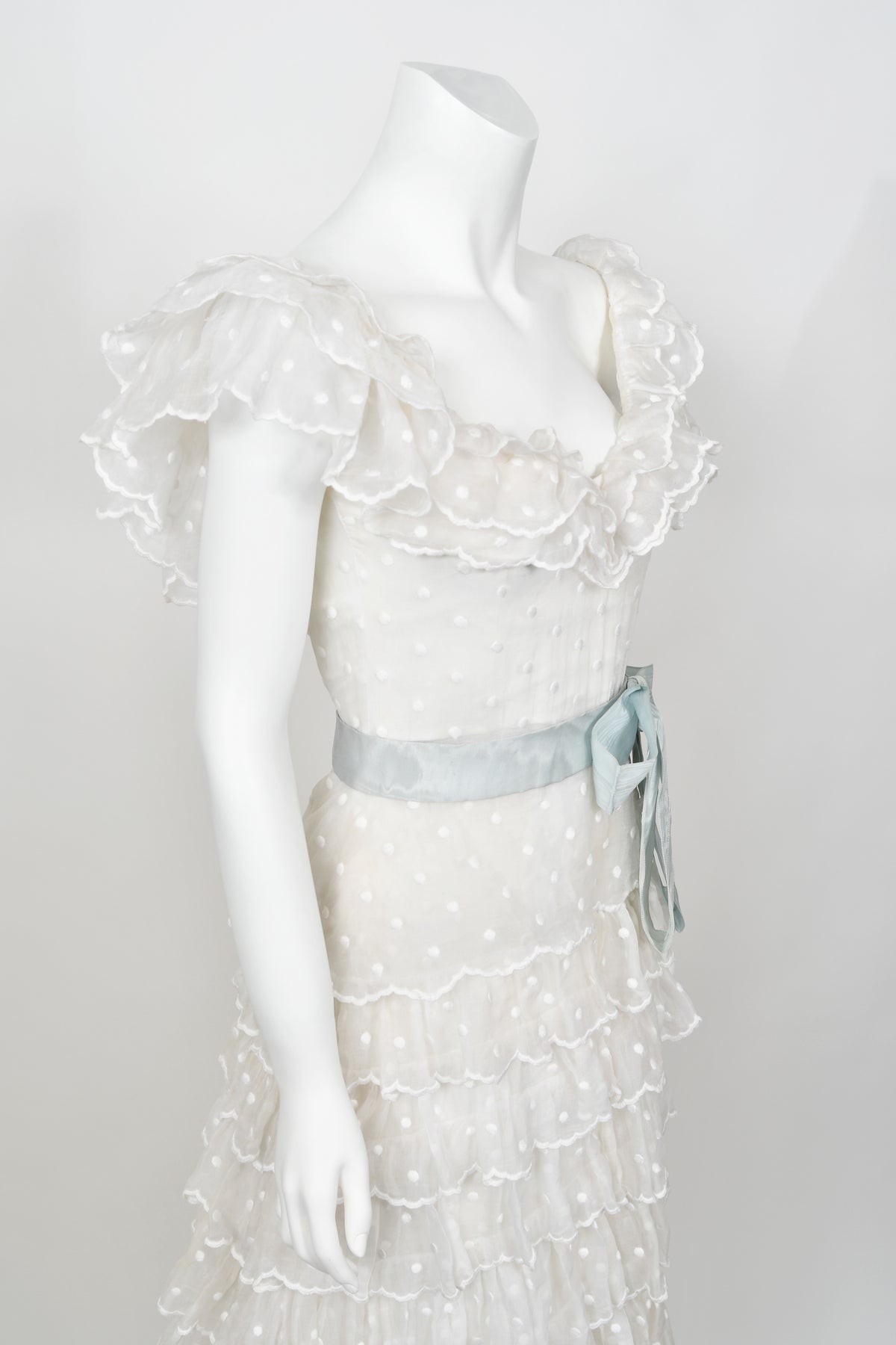 1975 Chanel Haute Couture White Dotted Organza Off-Shoulder Tiered Ruffle Gown