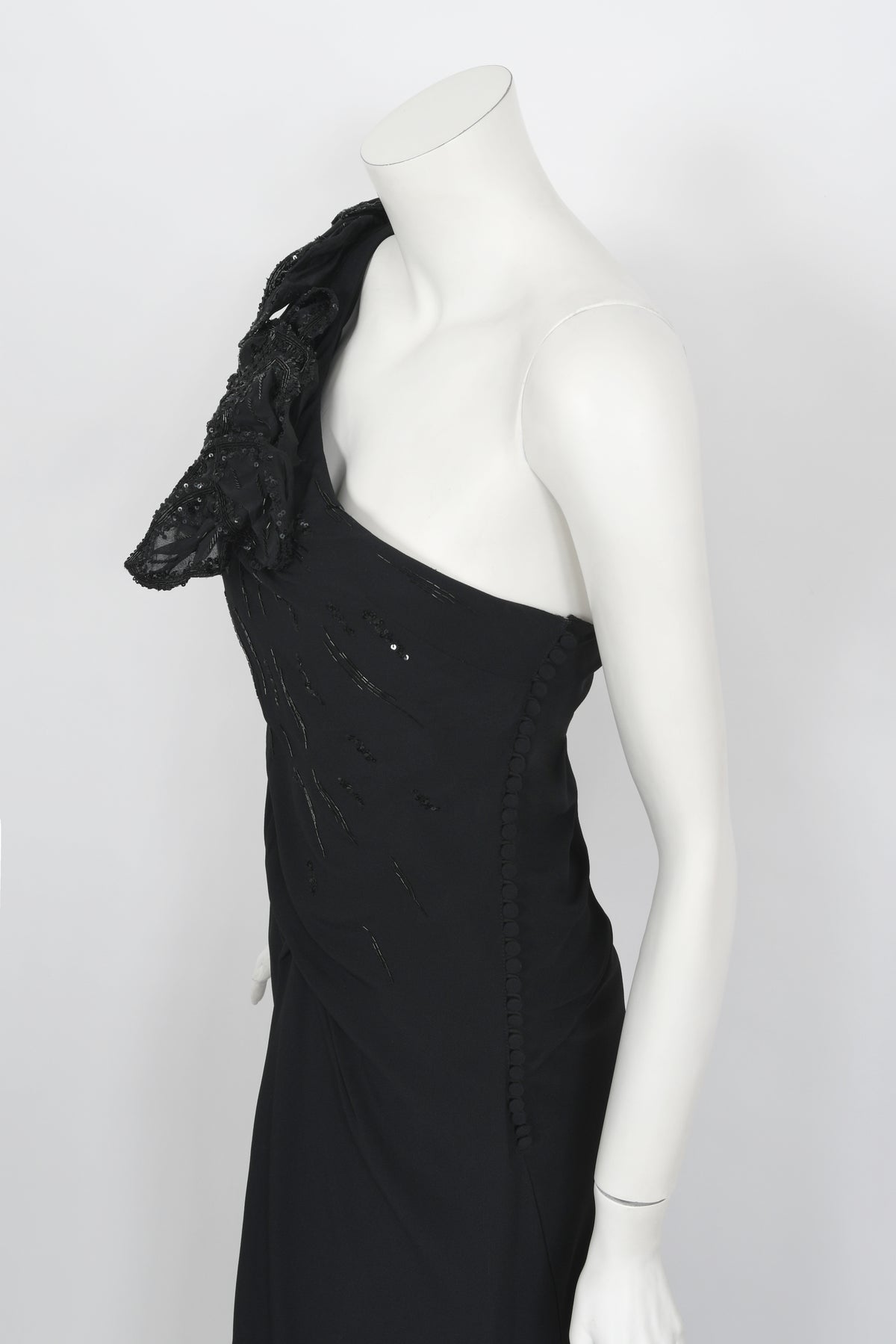 2008 Christian Dior by John Galliano Black Beaded Silk High Slit Bias-Cut Gown