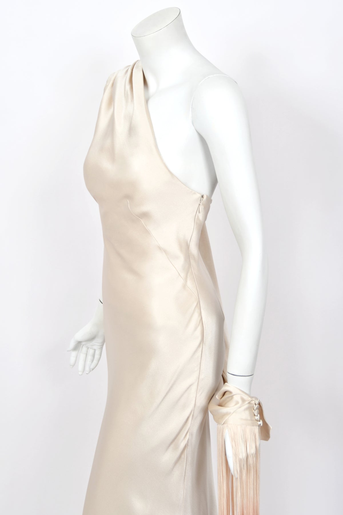 2009 Alexander McQueen Ivory Silk Draped Sleeve Ombré Fringe Bias-Cut Gown w/Tags