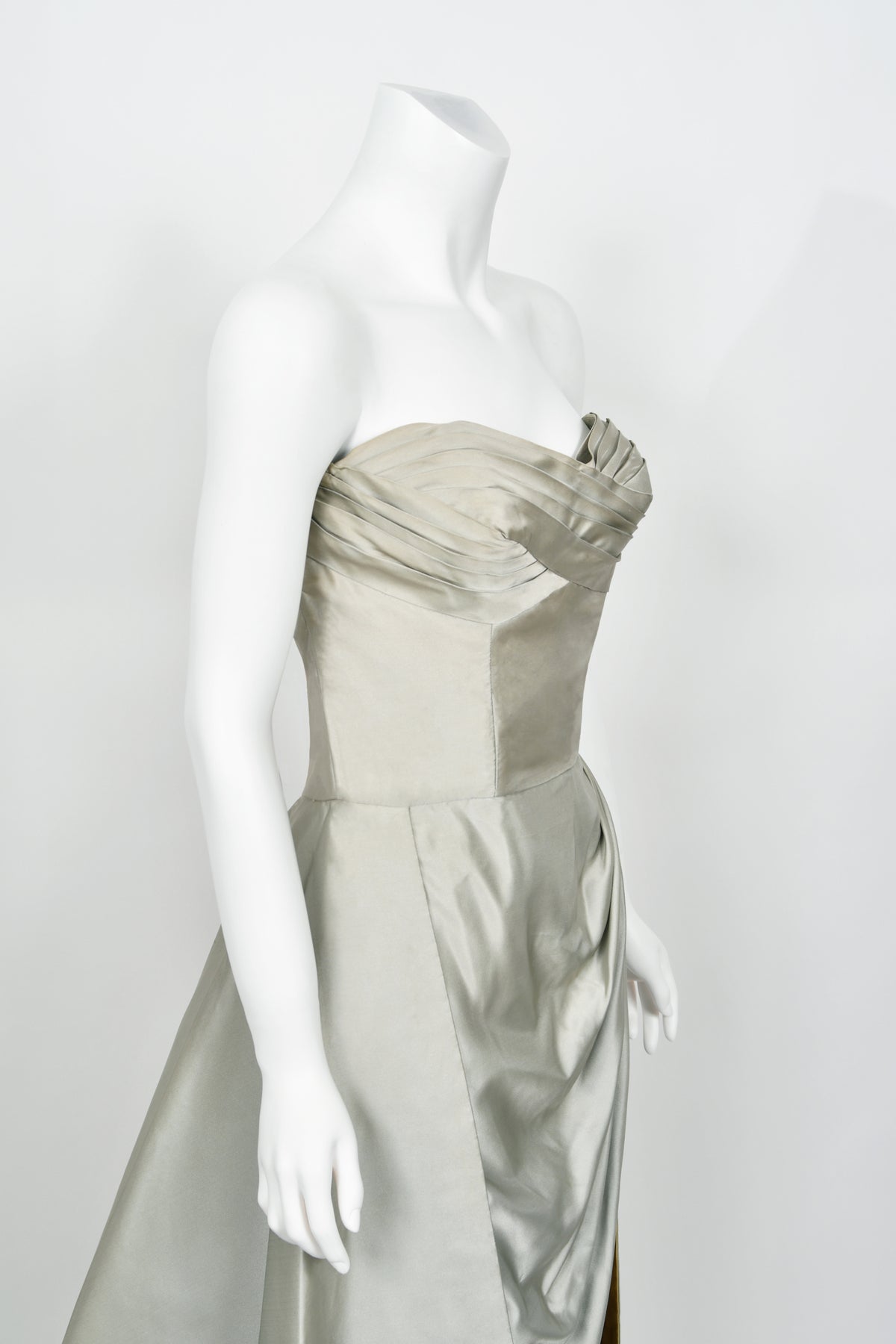 1950's Anne Verdi Couture Ice-Blue Silk Strapless Ruched Hourglass Skirted Gown