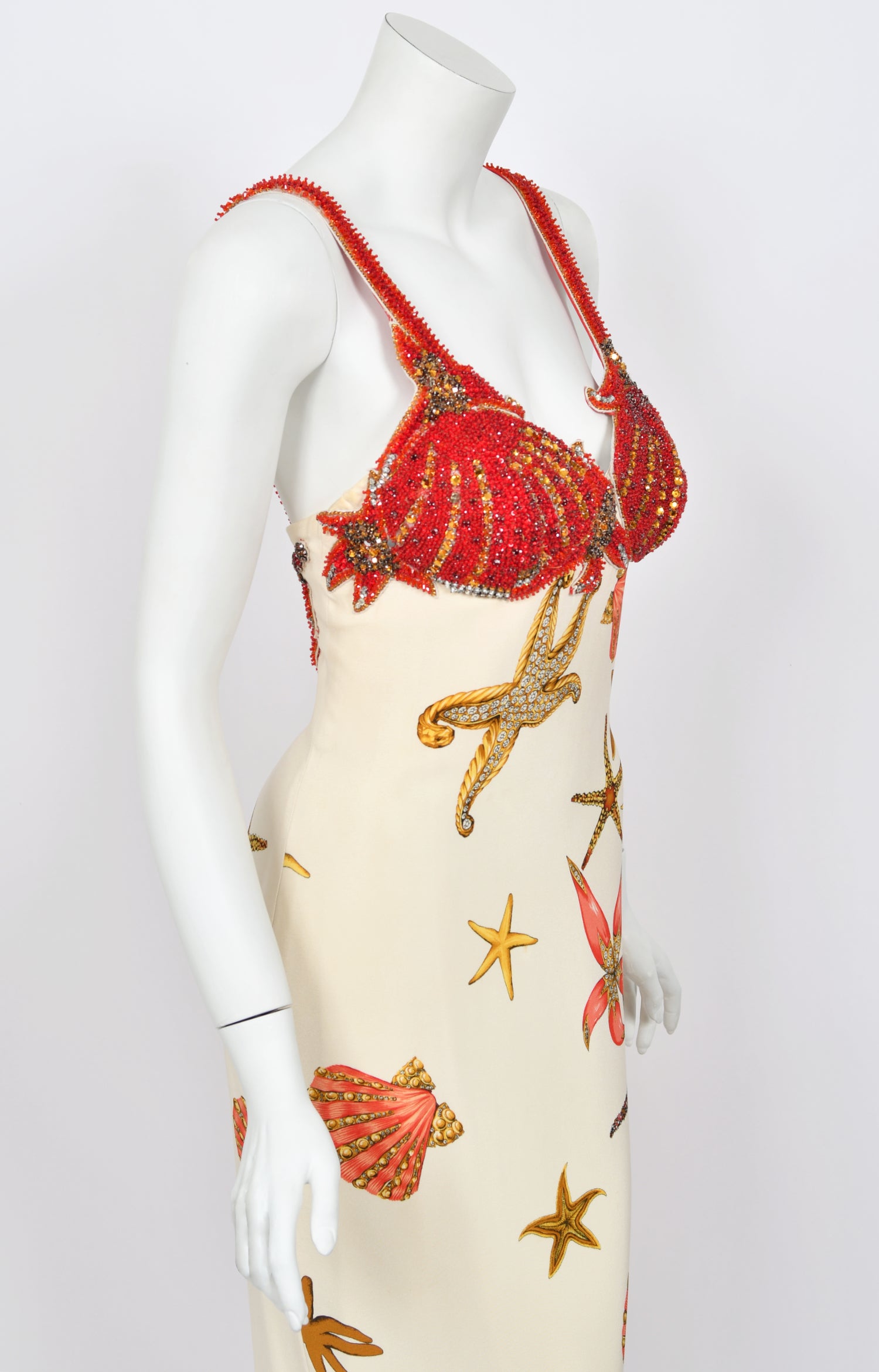 1992 Gianni Versace Iconic Crystal Beaded 'Seashell' Print Silk Hourglass Gown