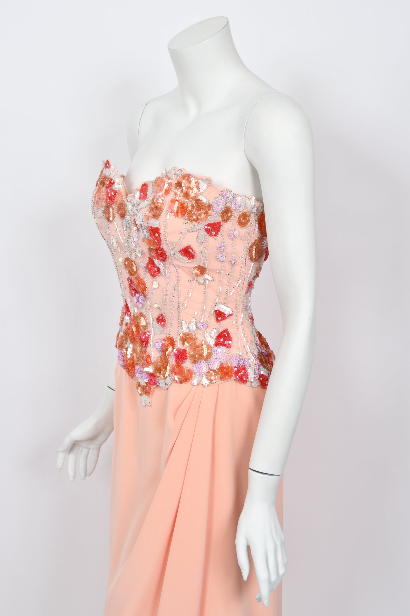 1990's Bob Mackie Pink Beaded Silk Strapless Bustier Hourglass Gown 1990's Bob Mackie Pink Beaded Silk Strapless Bustier Hourglass Gown
