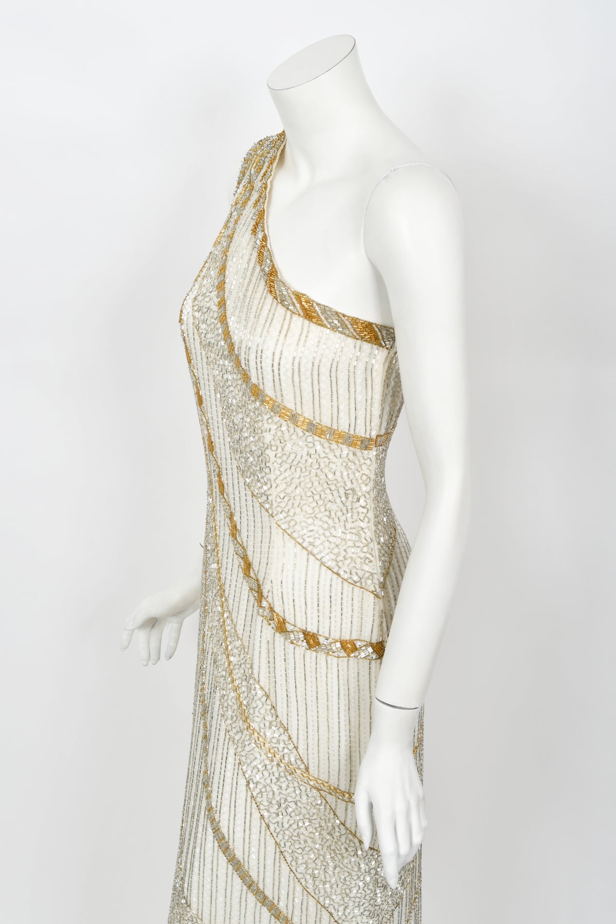 1984 Bob Mackie Couture Ivory Beaded Silk One-Shoulder Goddess Gown