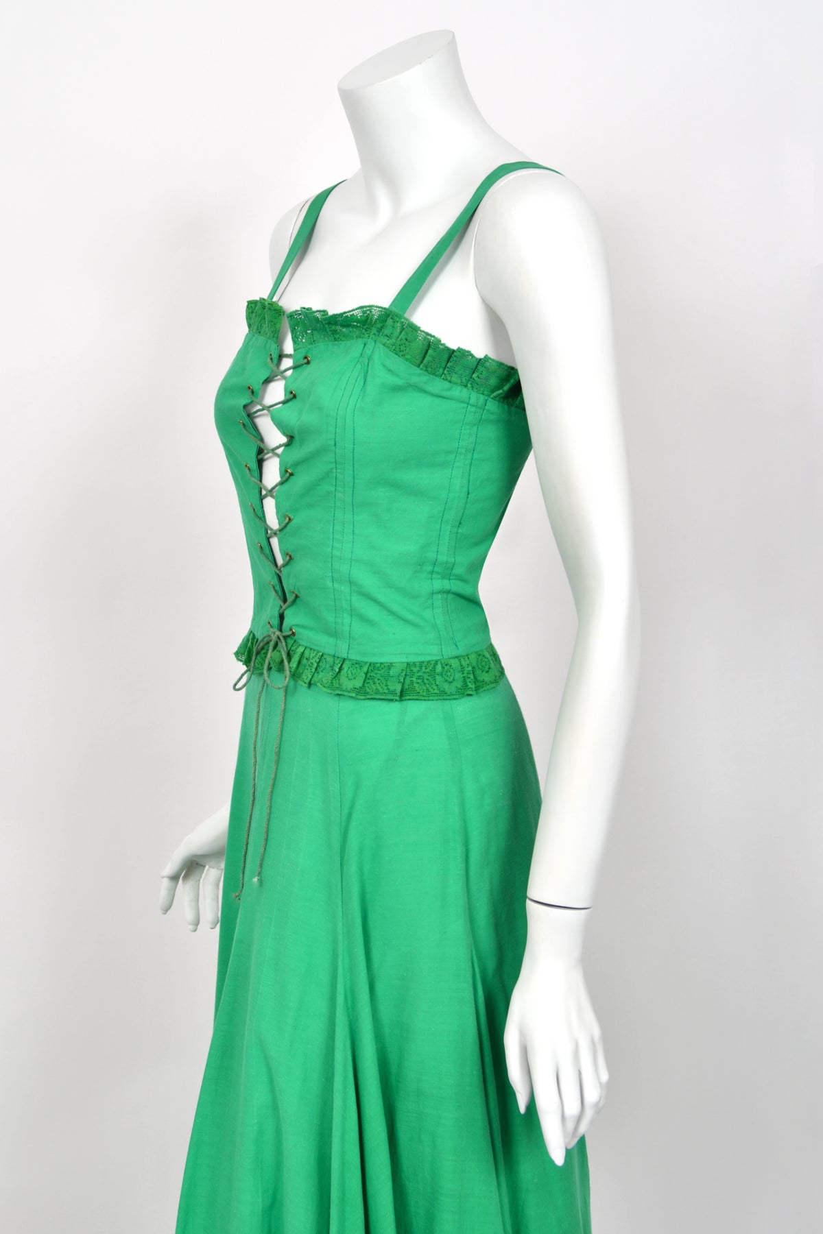 1976 Biba Emerald Green Cotton Lace-Up Corset Top & Matching Maxi Skirt