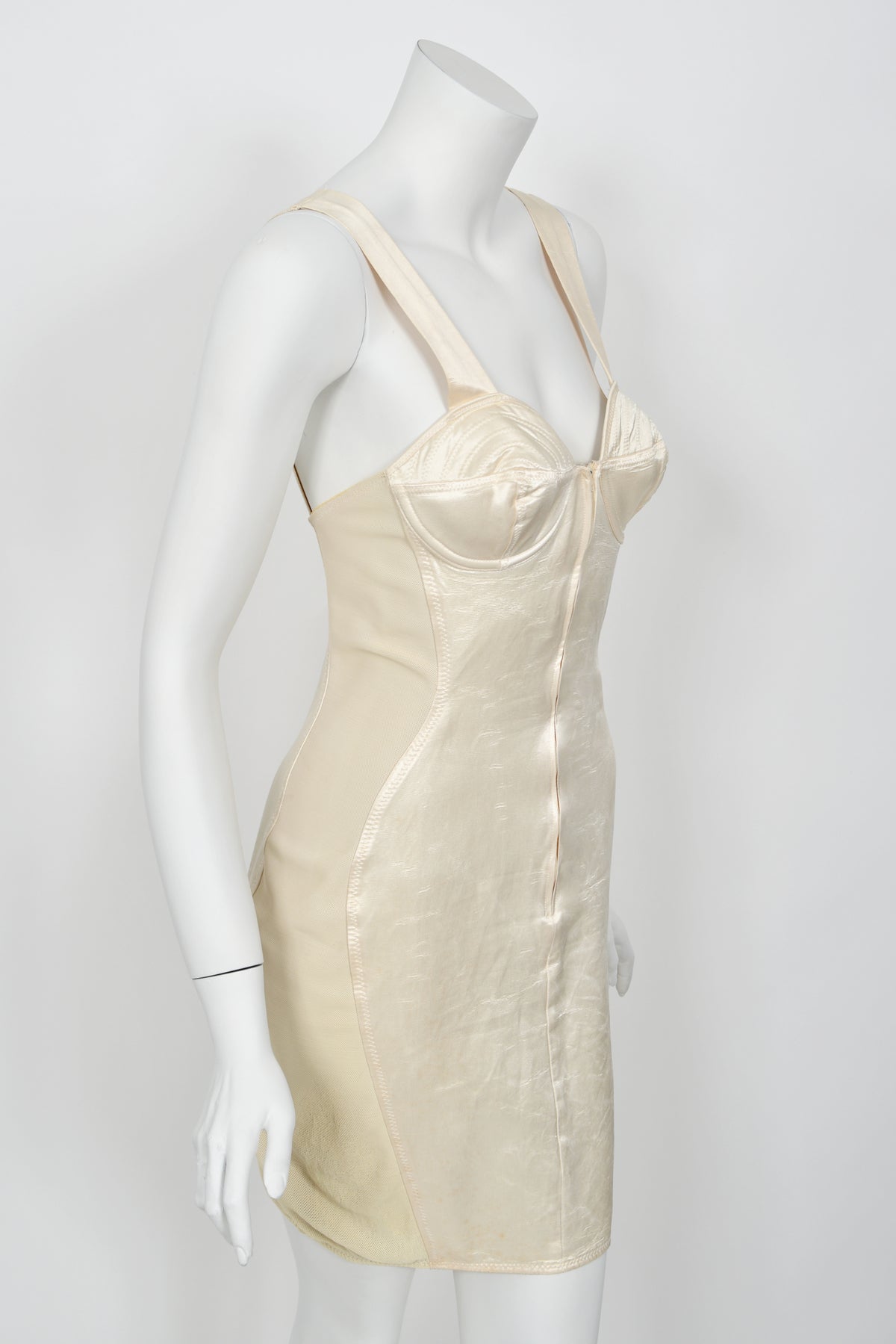 1988 Jean Paul Gaultier Cream Stretch Satin Cone Bra Bustier Corset Mini Dress