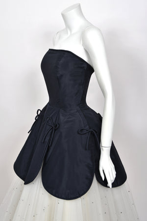 1950’s Edith Small Navy Silk & Rhinestone White Tulle Strapless 'Petal' Dress w/ Shawl