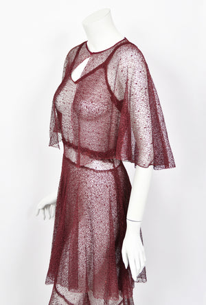 1930's French Sheer Burgundy Lace Tiered Bias-Cut Gown & Matching Capelet